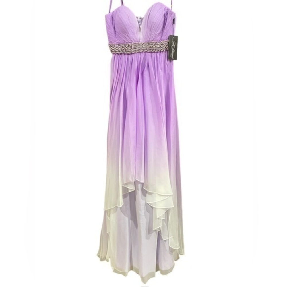 LA FEMME Wisteria Purple Pleated Ombre Chiffon Gown